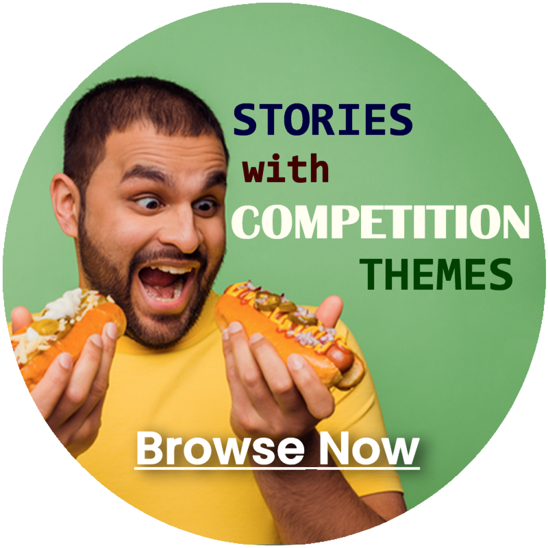 Click to filter stories by competitive theme, showing a man taking part in competitive eating, holding two hot dogs he is about to consume.