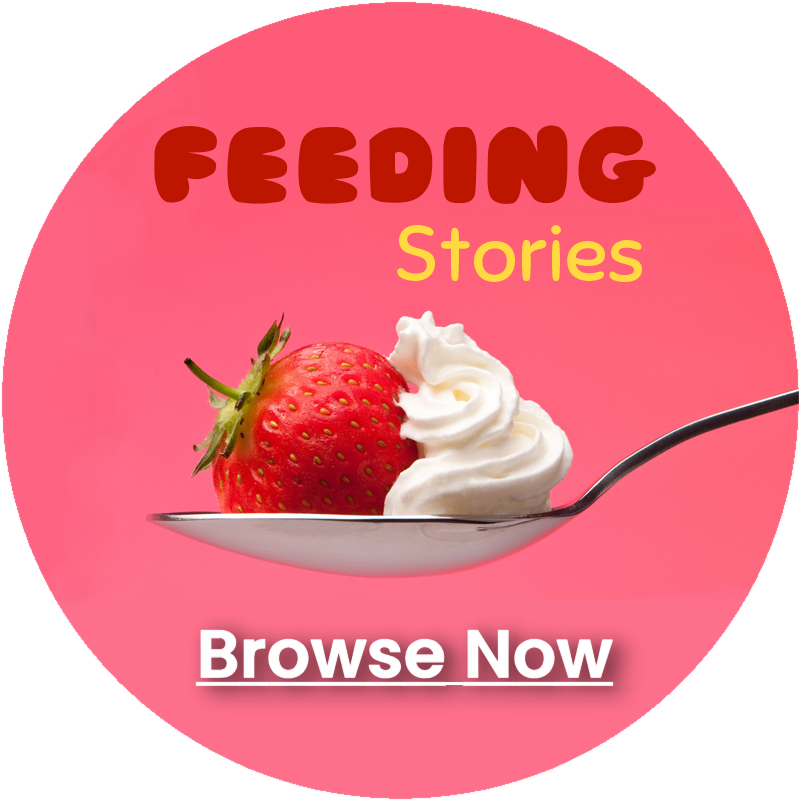 Click to filter stories by feeding, showing a spoon with strawberries and cream.